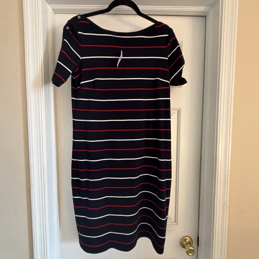 Talbots Petite Medium Blue Red White Striped Dress Short Sleeve  Cotton 4 July